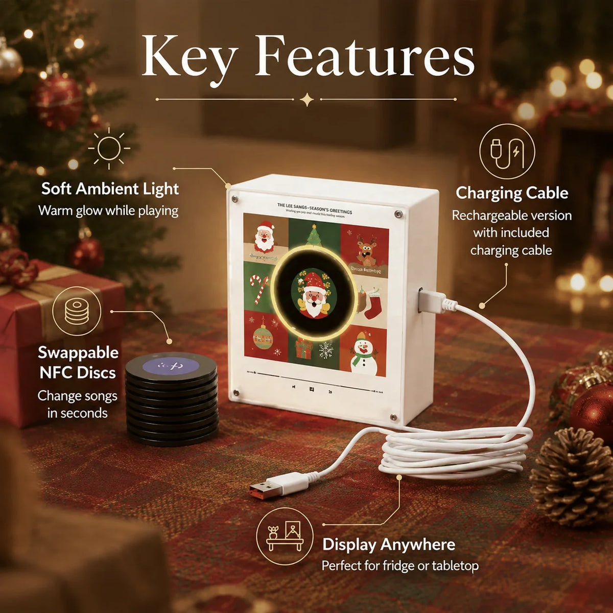 Festive USB-C Rechargeable Rotatable LED Light & NFC Music Player Fridge Magnet - Perfect Holiday Gift, Ready to Ship!